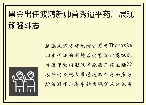 黑金出任波鸿新帅首秀逼平药厂展现顽强斗志